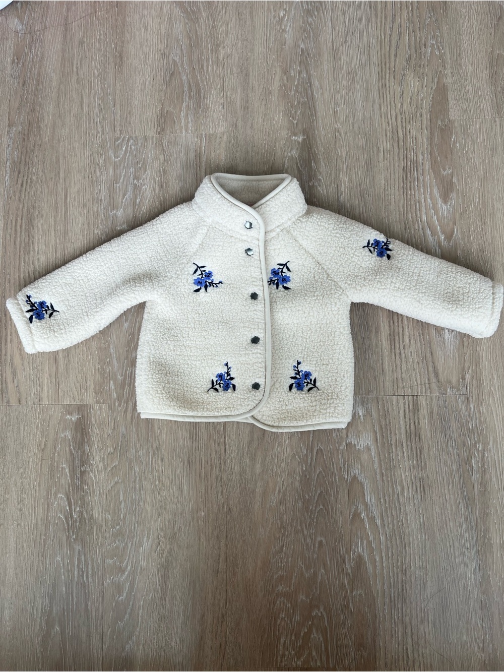Old Navy Cream Sherpa Jacket with Blue Floral Embroidery